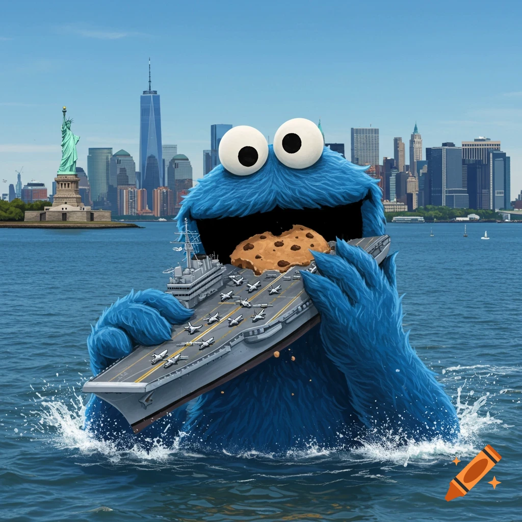 A giant Cookie Monster rises from New York Harbor, eating an aircraft carrier with jets on its deck, with the Statue of Liberty and Manhattan skyline visible.