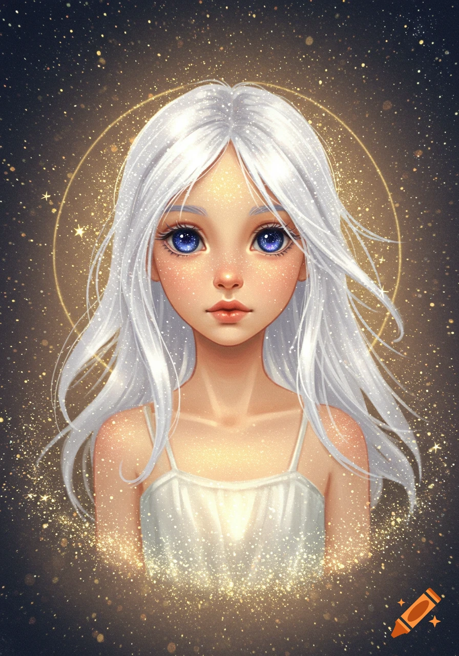 Digital art portrait of a young girl with glowing blue eyes, white hair, and a halo, surrounded by golden sparkles.