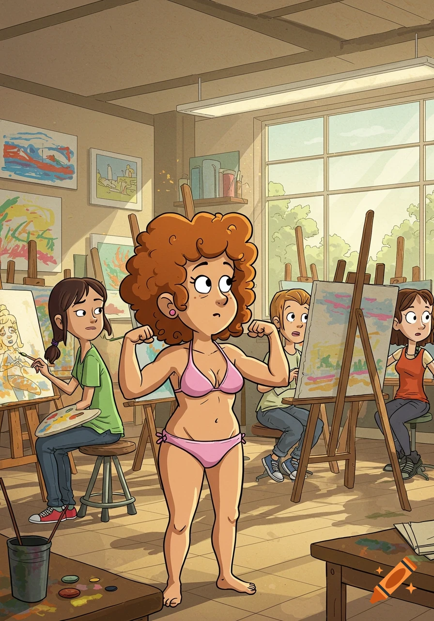 A cartoon of a curly-haired woman in a pink bikini flexing her muscles in a college art class while other students draw.