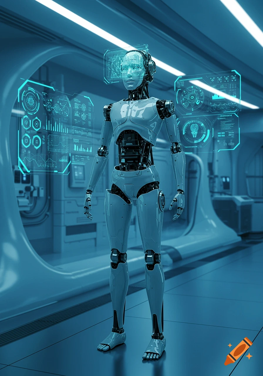 A detailed, full-body shot of a white humanoid robot with exposed internal mechanisms, standing in a futuristic blue-lit room with holographic UI screens.