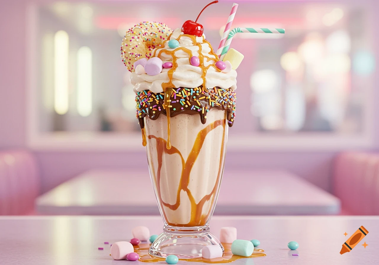 A vibrant, oversized milkshake with whipped cream, sprinkles, a donut, and a cherry, against a blurred retro diner background.