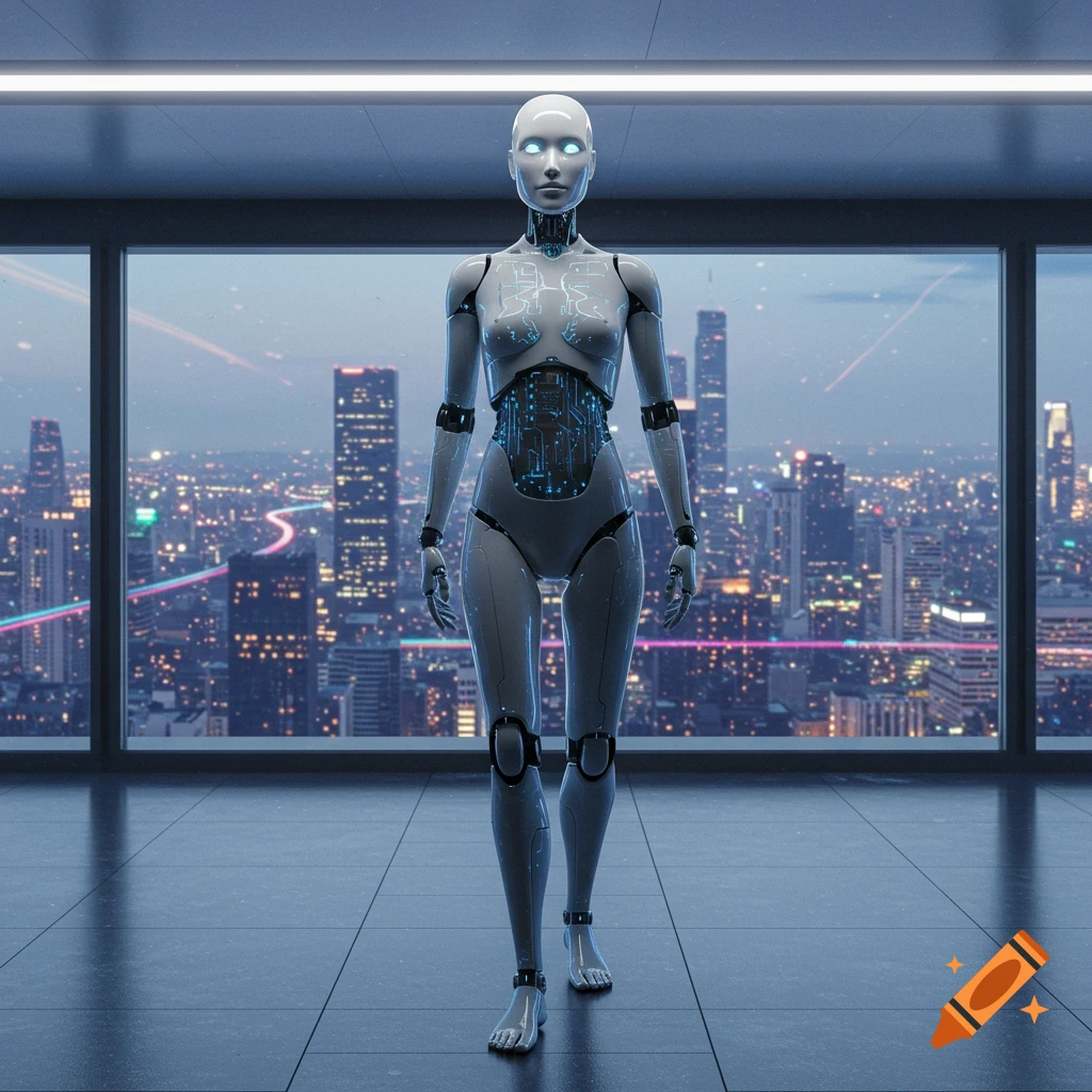 A humanoid robot with glowing eyes and visible internal circuitry stands in a high-rise room overlooking a futuristic city at night.
