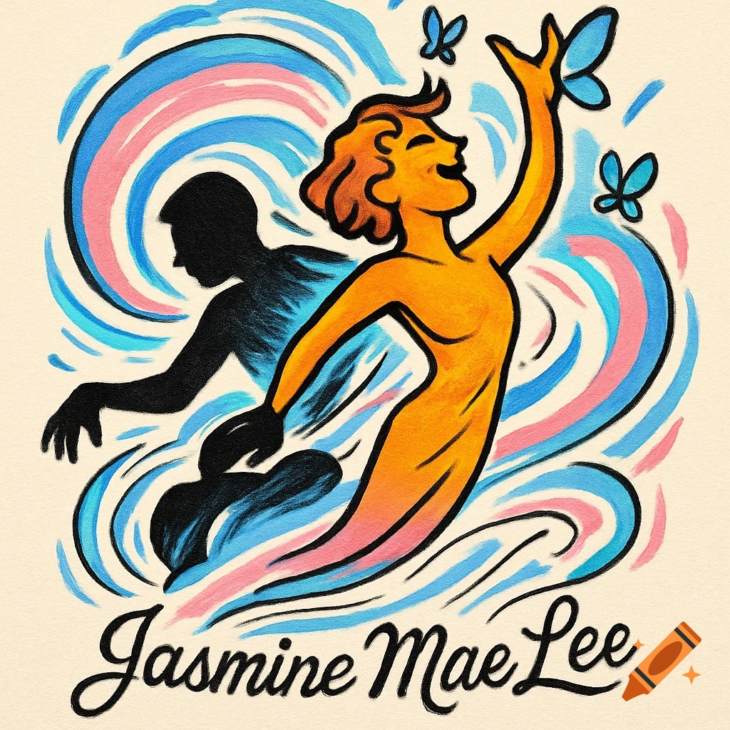 A cartoon illustration of a happy, orange figure emerging from a dark silhouette, surrounded by blue and pink swirls and butterflies. Text reads 'Jasmine Mae Lee'.