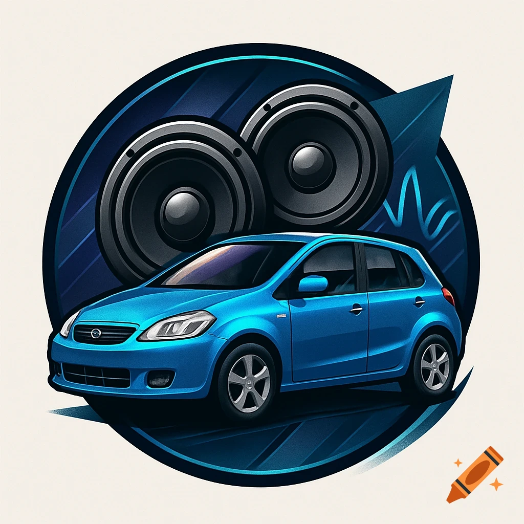 Blue hatchback car in a circular logo with two large speakers and abstract sound wave elements.
