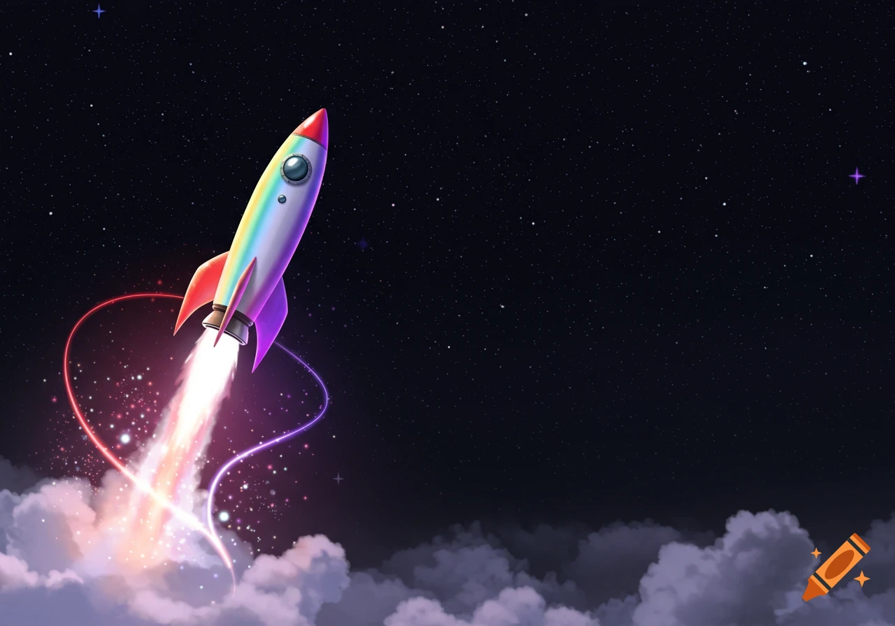 A vibrant rainbow-colored rocket ship launches from soft clouds into a dark, star-filled night sky, leaving a colorful trail.