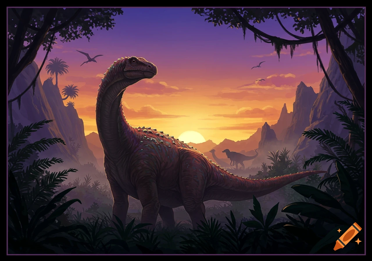 A large sauropod dinosaur stands amidst lush prehistoric foliage at sunset, with mountains and other dinosaurs in the distant background.