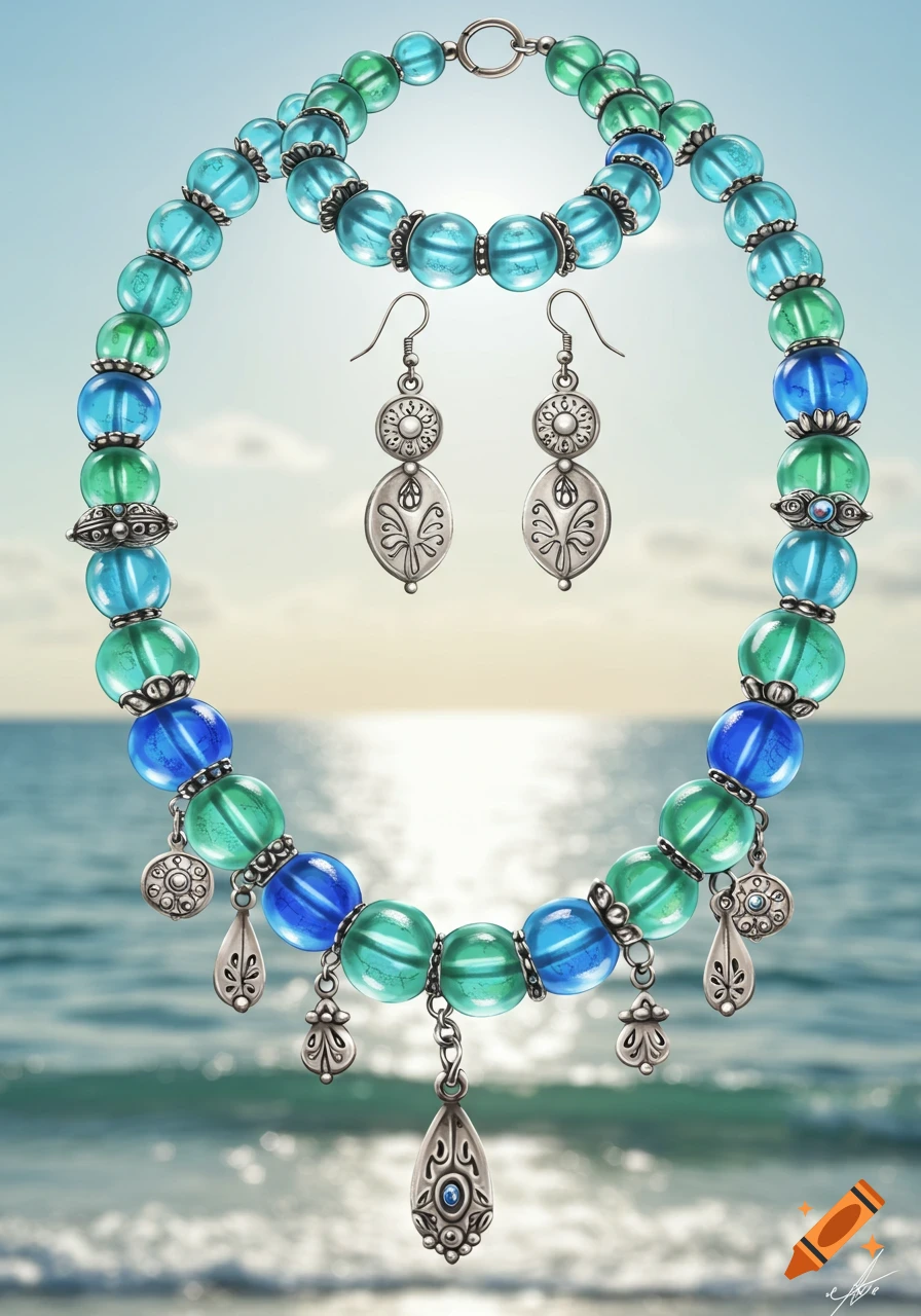 A vibrant blue and green translucent glass bead necklace, bracelet, and earring set with silver accents, set against a blurry ocean background at sunset.