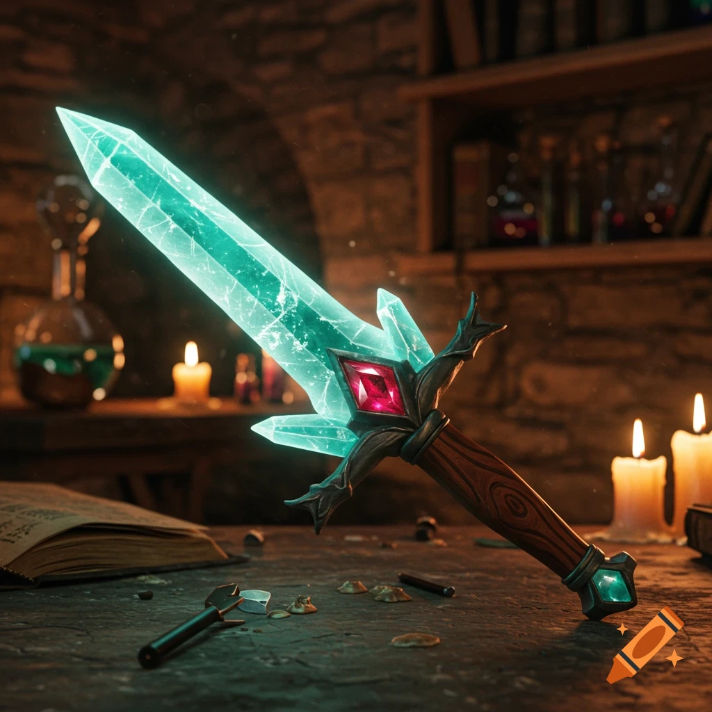 A glowing teal crystal sword with a ruby in its hilt and a wooden handle rests on a table in a dimly lit, stone-walled room.