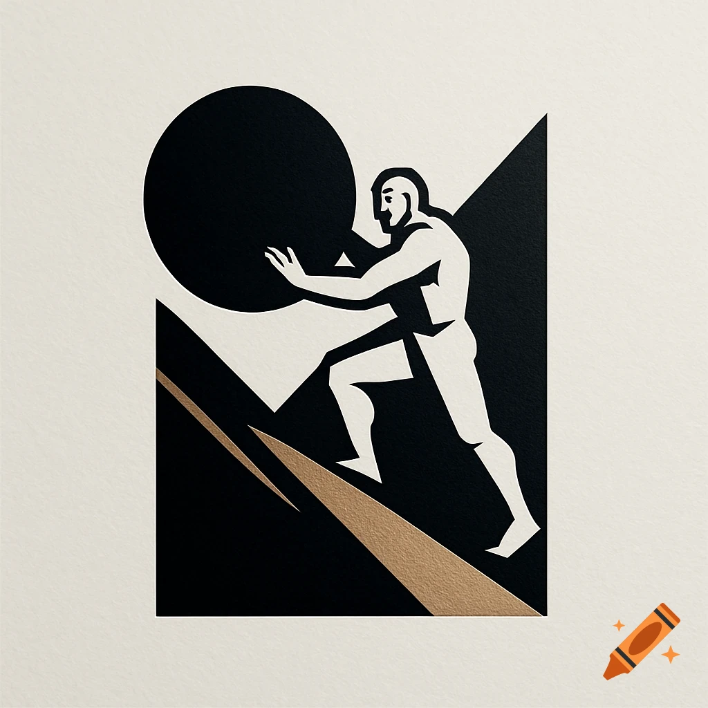 A minimalist logo depicting a man pushing a large black sphere up a jagged black and gold slope, referencing Sisyphus.