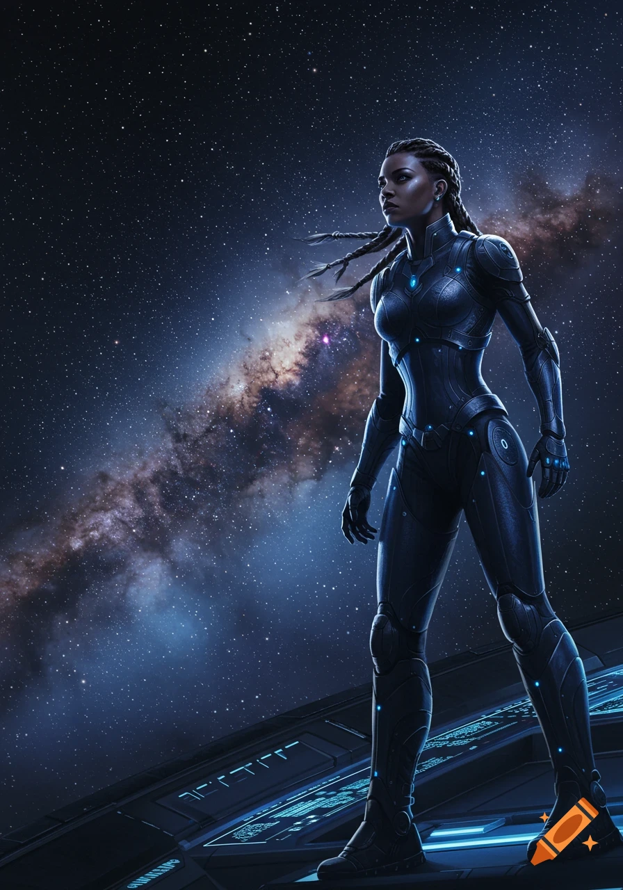 A female captain in a dark sci-fi suit stands on a spaceship looking out at the Milky Way galaxy.
