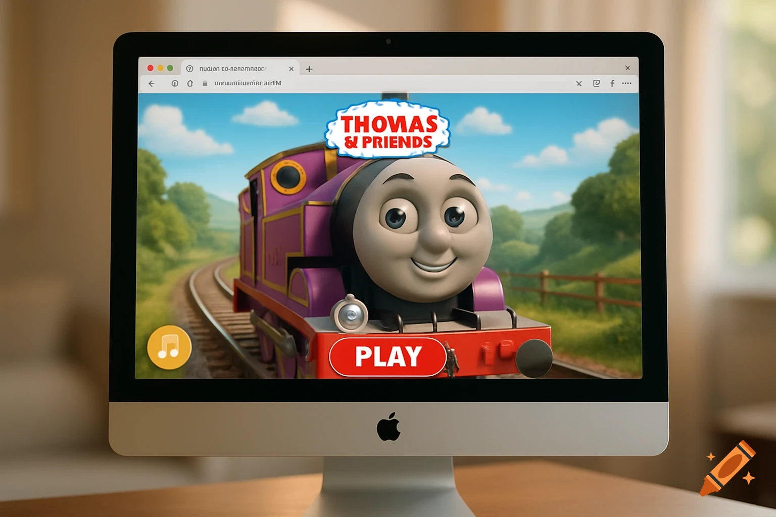 A close-up shot of an iMac computer displaying a vibrant, animated scene of Thomas the Tank Engine and Friends on a website, set against a blurred indoor background.