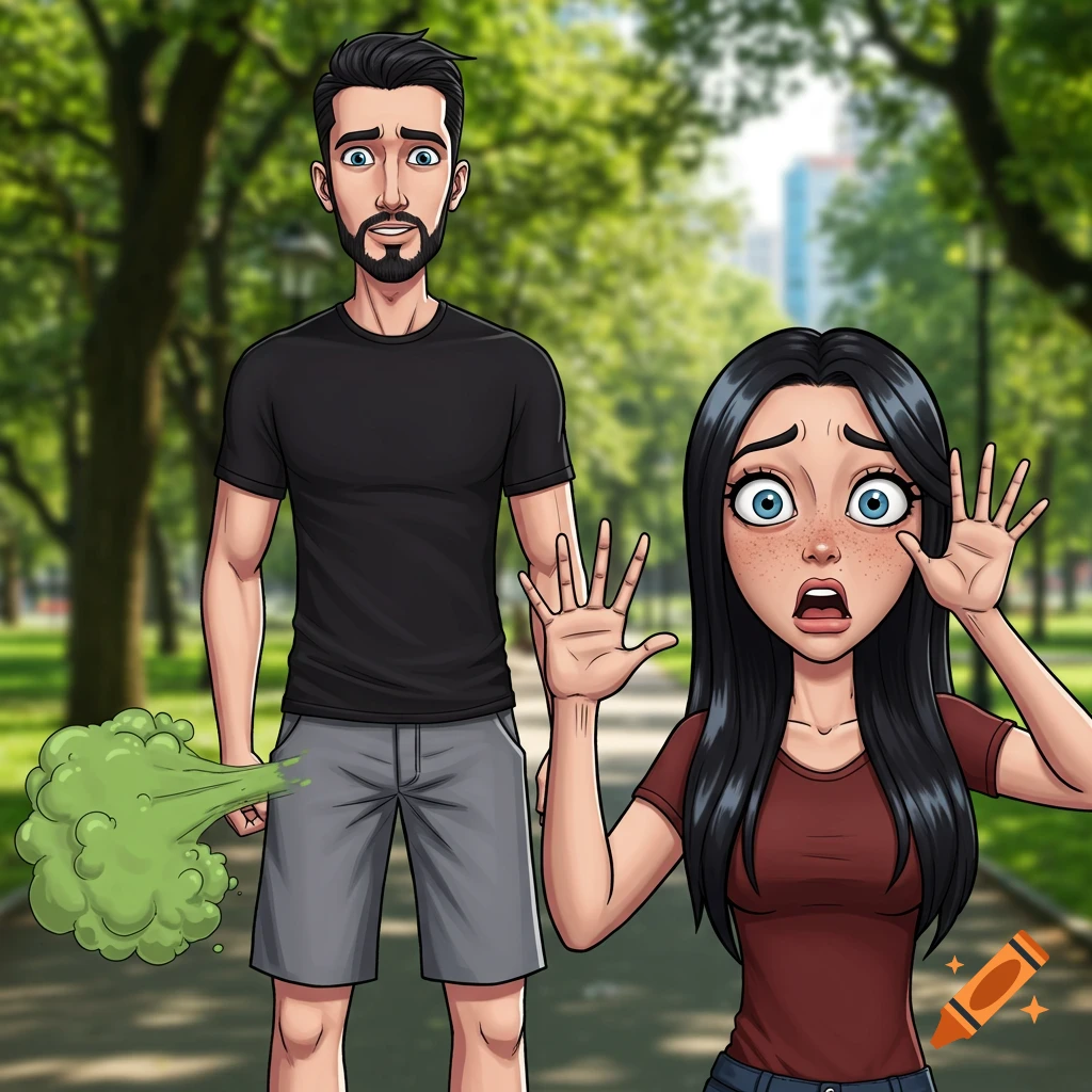 A cartoon illustration of a man farting green gas, while a woman beside him reacts with a grossed-out expression.