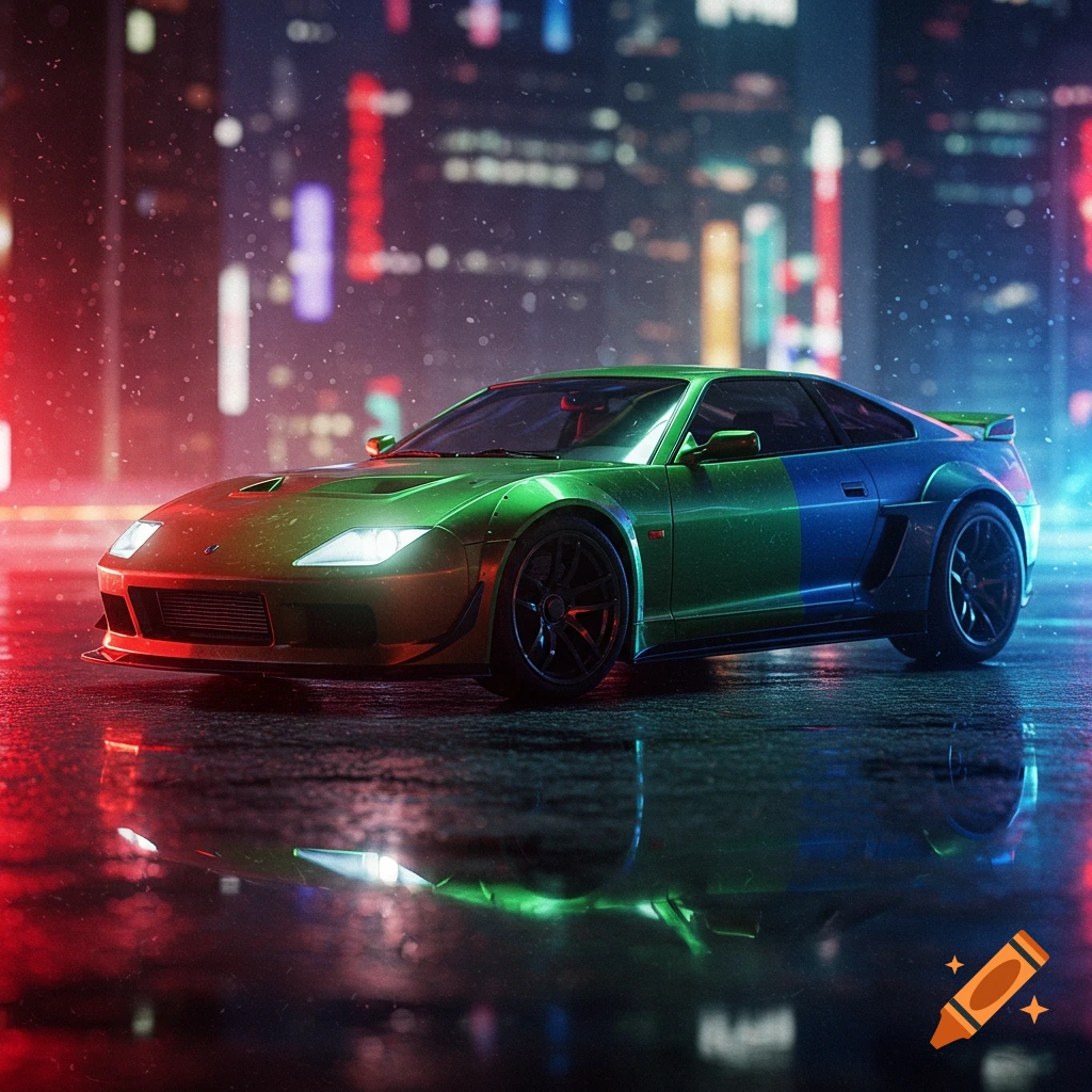 A sleek, green and blue sports car parked on a wet city street at night, illuminated by red and blue neon lights.
