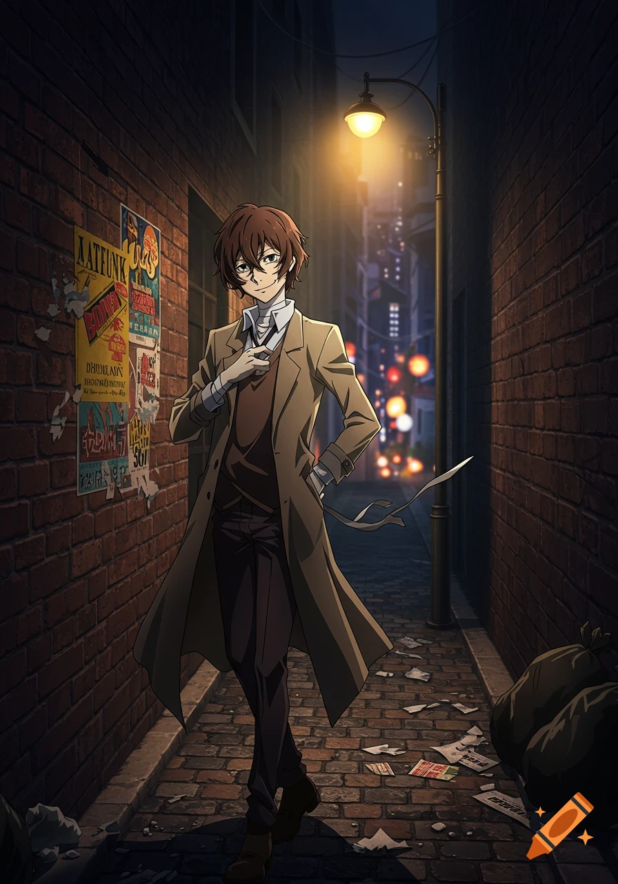 An anime character, Dazai, stands in a dark, brick alley under a glowing streetlamp, adjusting his tie.