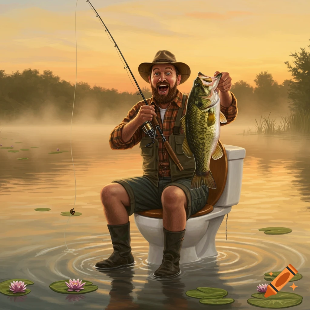 A bearded man happily holds up a large bass, sitting on a toilet in a lake at sunset.