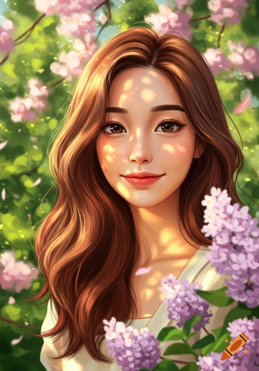Illustrated portrait of a smiling young woman with long brown hair, dappled in sunlight, surrounded by pink cherry blossoms and purple lilacs.