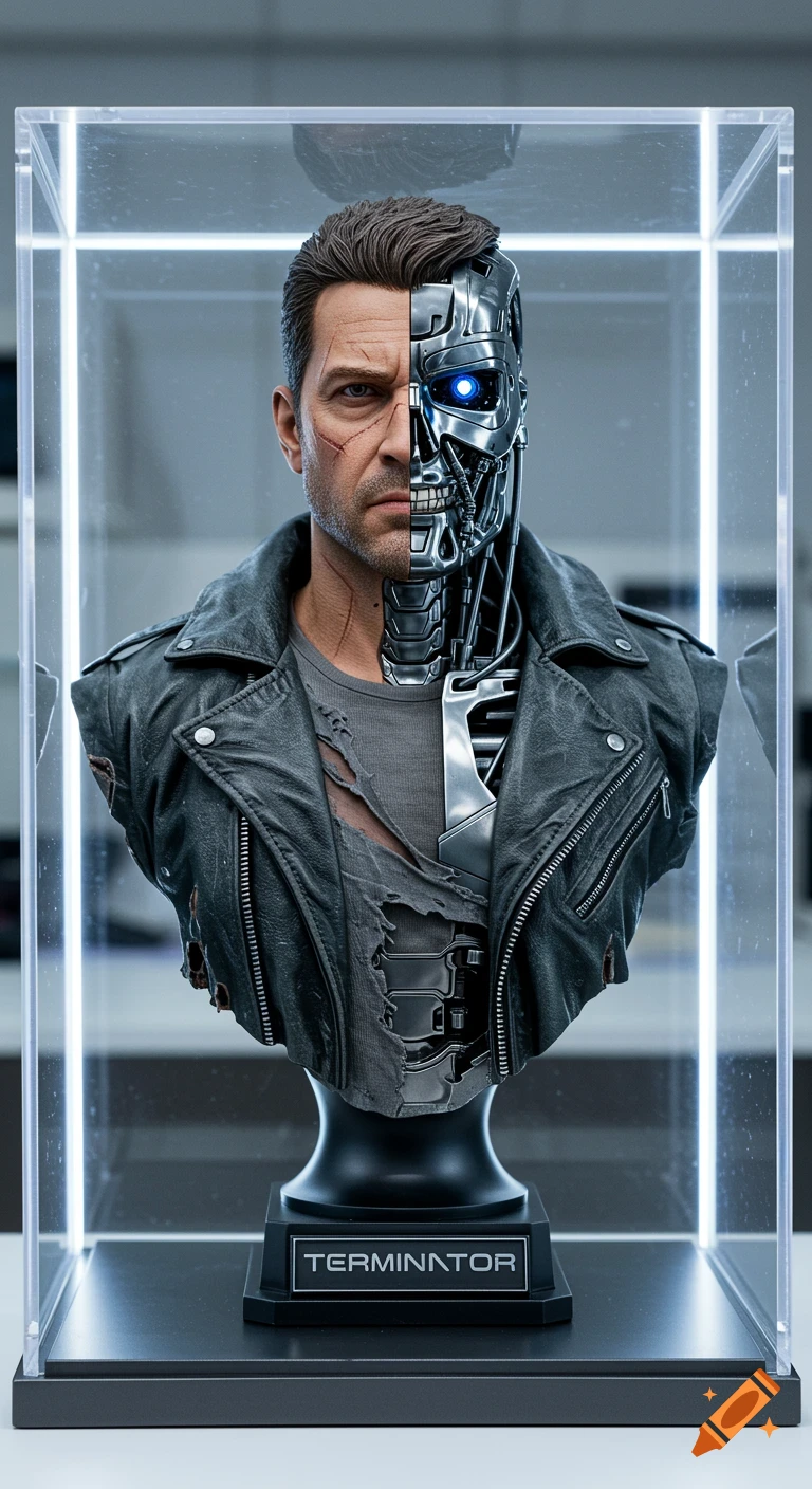 Hyper-realistic bust of a human-Terminator fusion, with half-human face and half-metal skull, in a ripped leather jacket, displayed in a lit acrylic case.