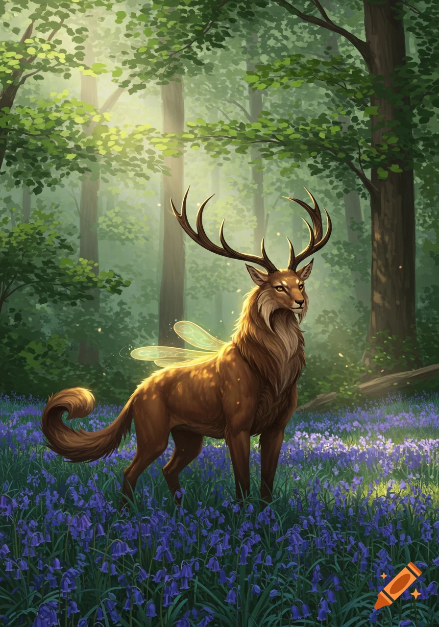 A majestic brown deer-like fantasy creature with large antlers and glowing fairy wings stands in a sunlit forest filled with purple bellflowers.