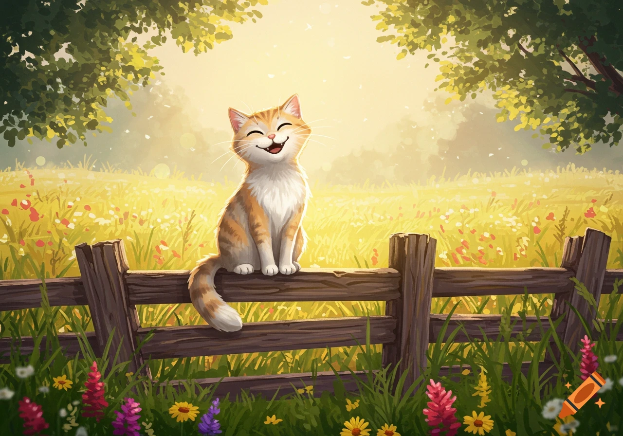 A smiling orange and white cartoon cat sits on a wooden fence in a sunny meadow filled with colorful flowers.