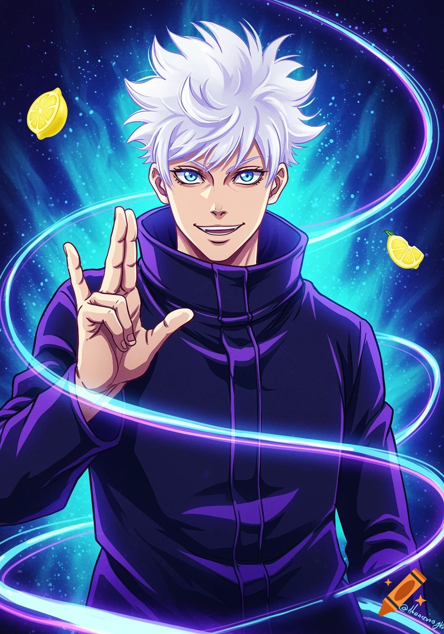 Anime illustration of Satoru Gojo making a hand sign with glowing blue energy and floating lemon slices on a vibrant background.