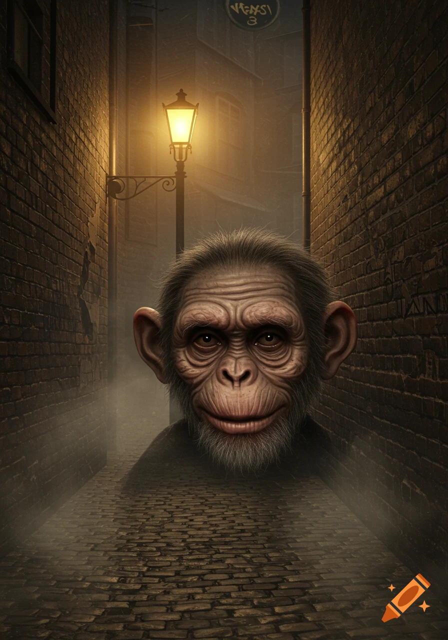 A detailed, realistic chimpanzee face with wrinkles and a beard peers from a dark, foggy brick alley lit by a street lamp.