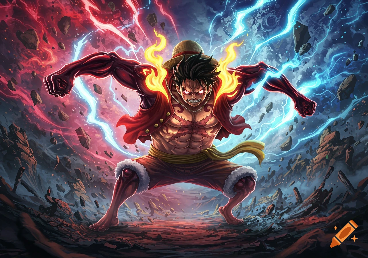 Anime character Luffy in Gear 5 form, surrounded by red and blue energy, on a crumbling battlefield.