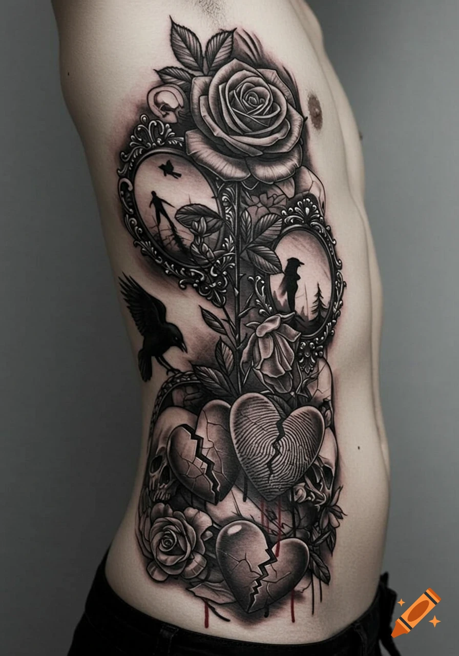 A detailed black and gray gothic tattoo on a side torso, featuring roses, broken hearts, ornate mirrors, a raven, and skulls.
