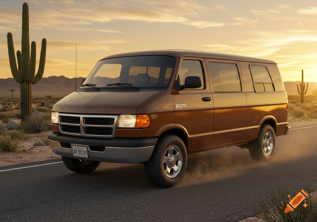 A brown 1997 Dodge Ram B2500 van drives on a desert road at sunset, with saguaro cacti and mountains in the background. Photorealistic style.