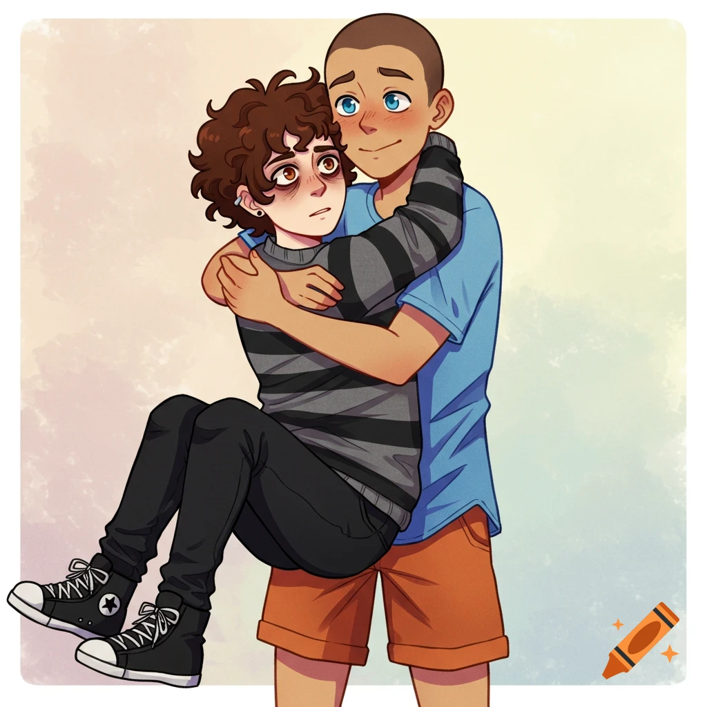 An anime illustration of a short, curly-haired person with dark circles being carried by a taller, buzzed-cut person in a hug.