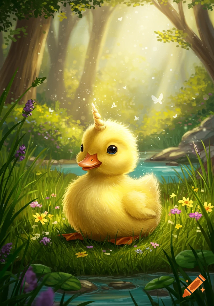 A cute yellow unicorn duckling with a small golden horn sits in a vibrant green forest clearing amidst flowers and sunlight.