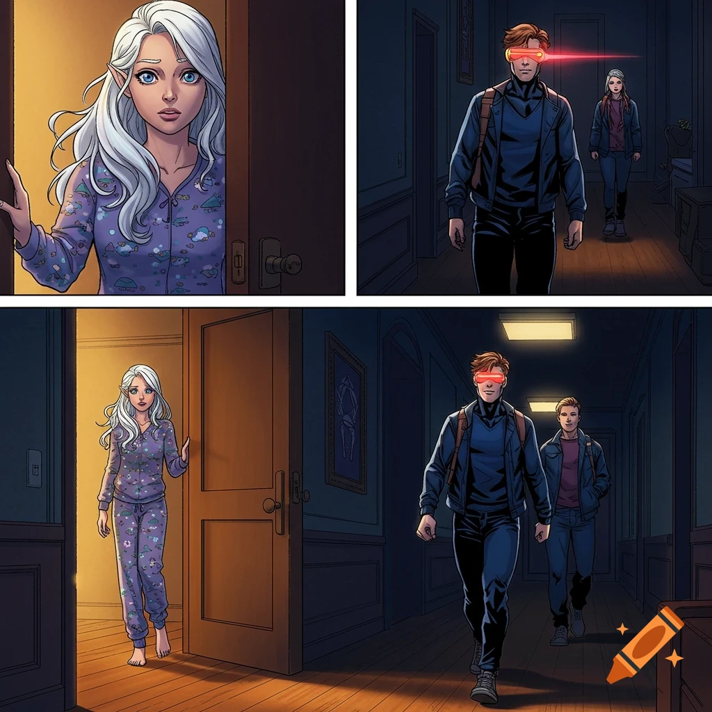 A multi-panel comic book illustration. An elf-like girl in pajamas looks out from a dorm room door. In other panels, Cyclops with glowing red visor and another man walk down a dark hallway.