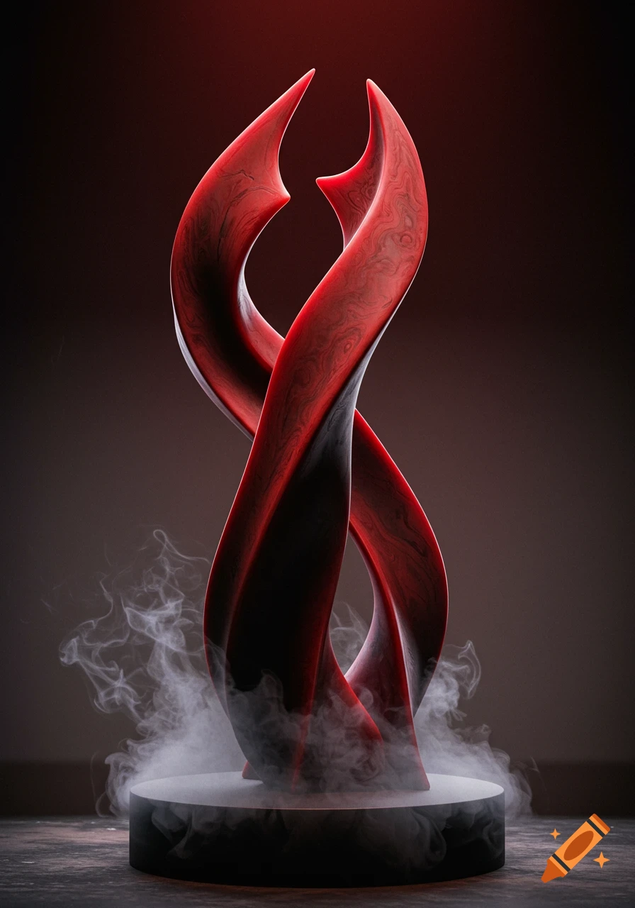 A red, flowing, abstract sculpture with sharp points on a black pedestal with smoke around the base, against a dark background.