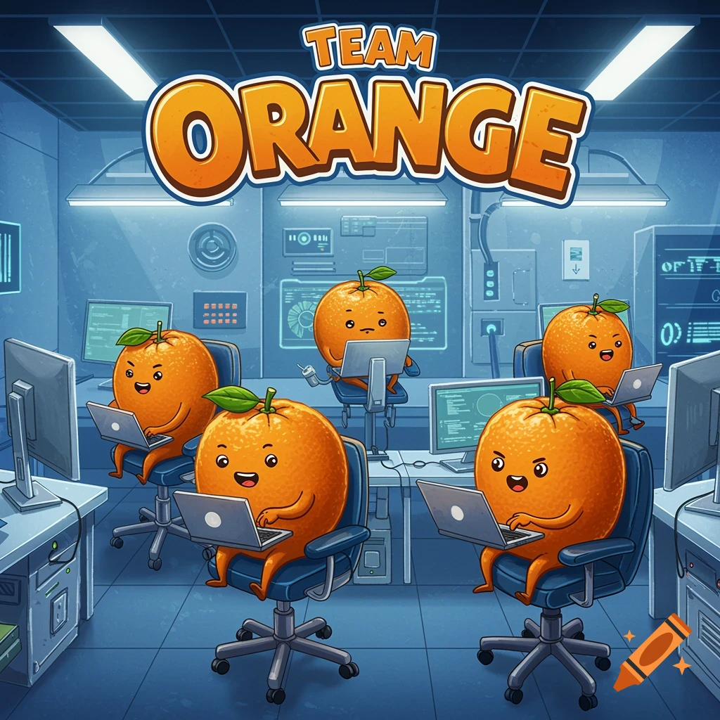 Five cartoon oranges in a computer lab, sitting in chairs and typing on laptops, with the text 'TEAM ORANGE' above.