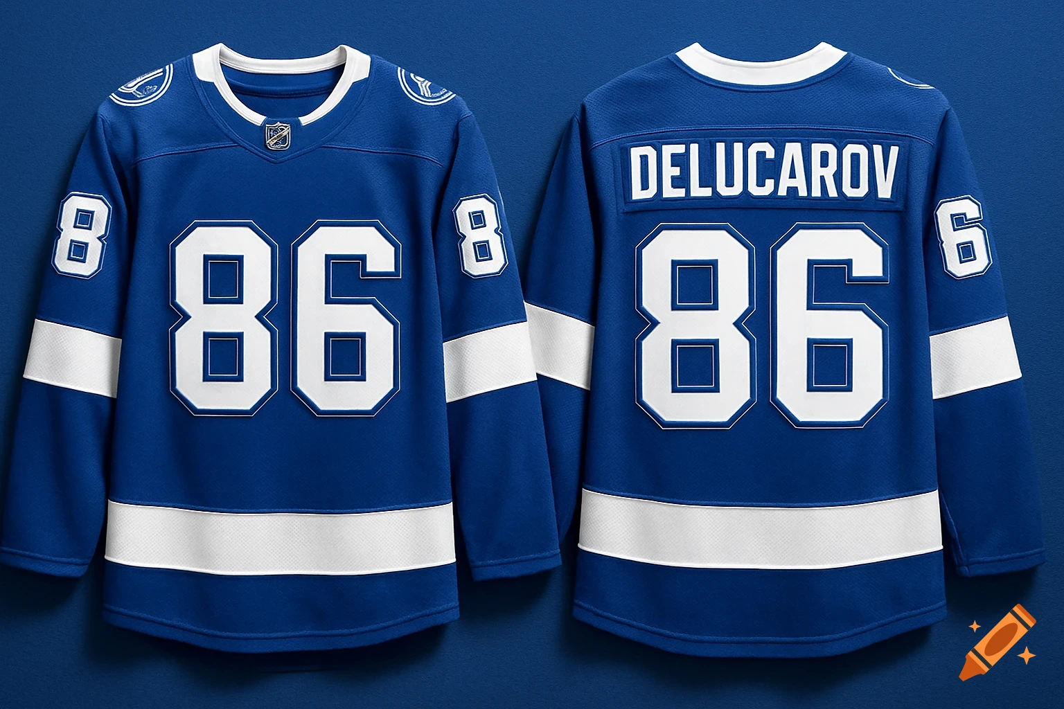 Two blue and white hockey jerseys, one front and one back, featuring the number 86 and the name DELUCAROV on a blue background.