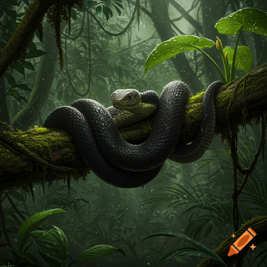 A black snake coiled on a mossy branch in a lush, wet jungle.
