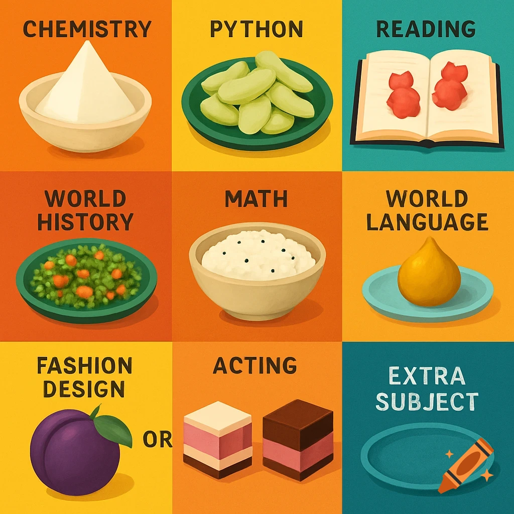 A colorful grid illustration with nine squares, each depicting a school subject represented by symbolic food and text labels. Text includes Chemistry, Python, Reading, World History, Math, World Language, Fashion Design, Acting, and Extra Subject.