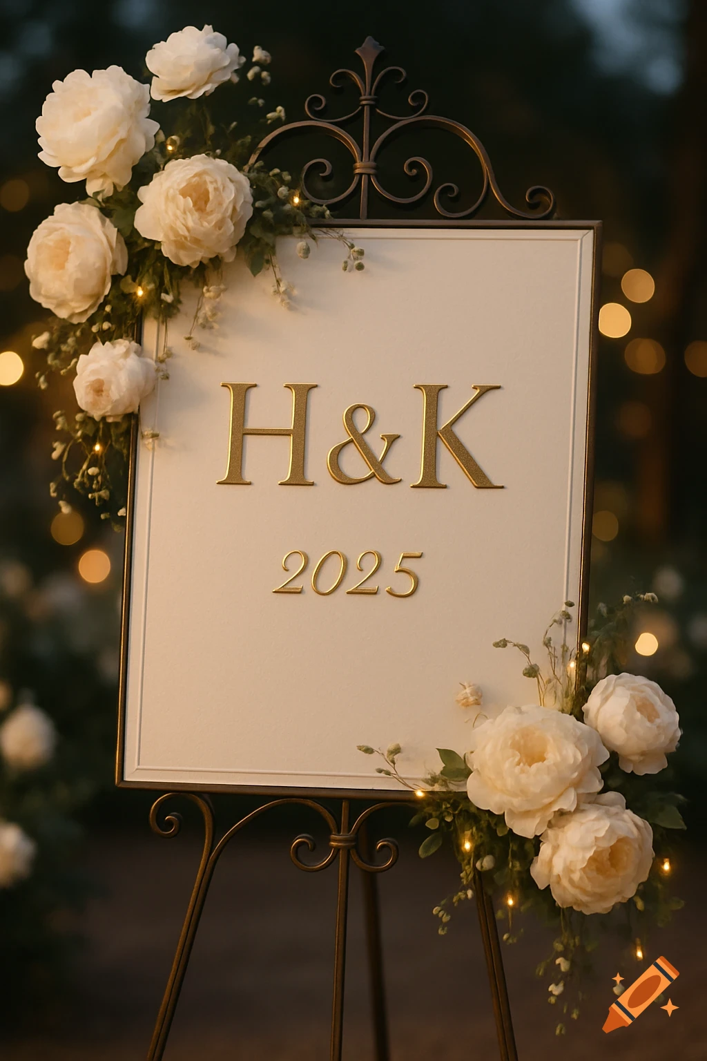 A close-up of an elegant wedding sign with "H&K 2025" in gold lettering, decorated with white flowers and foliage.