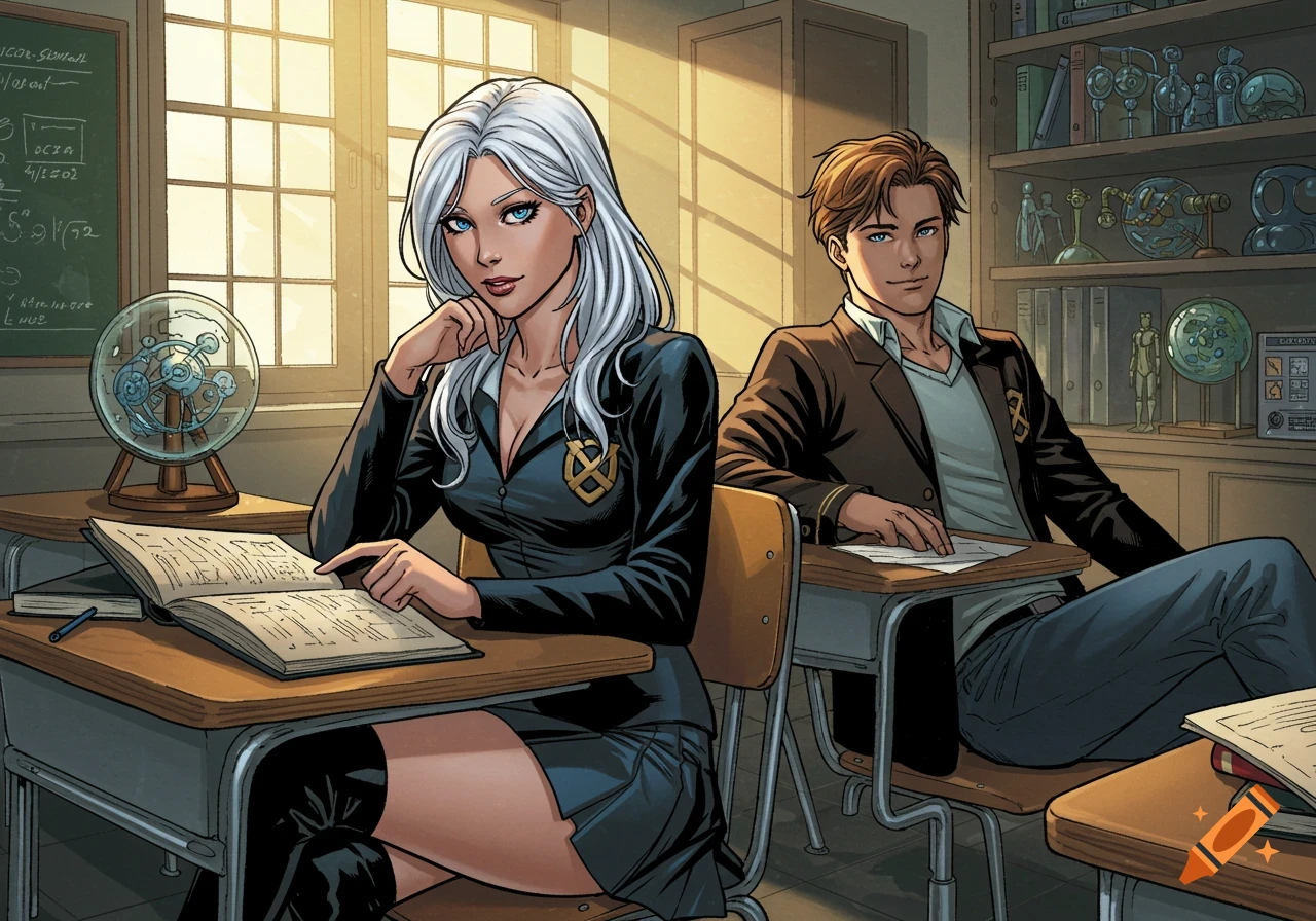A white-haired female and a brown-haired male in a classroom, both in school uniforms, seated at desks. The female is looking at the viewer while resting her chin on her hand, with an open book in front of her.