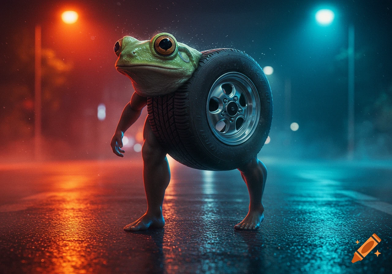 A photorealistic creature with a frog head, tire torso, and human legs stands on a wet street at night under red and blue lights.