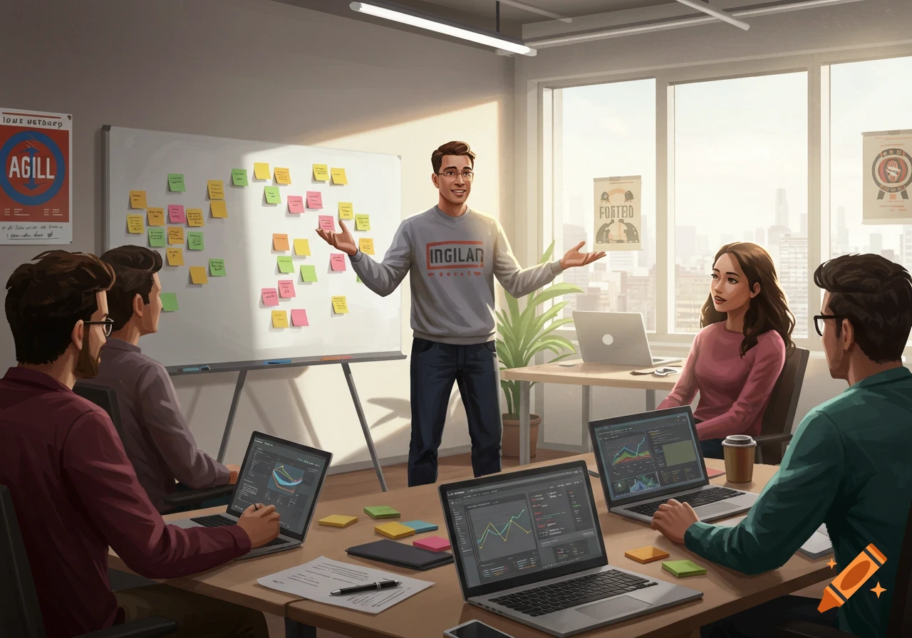 An agile coach, a man in a grey sweatshirt, stands in front of a whiteboard filled with sticky notes, speaking to a group of colleagues in an office meeting room.