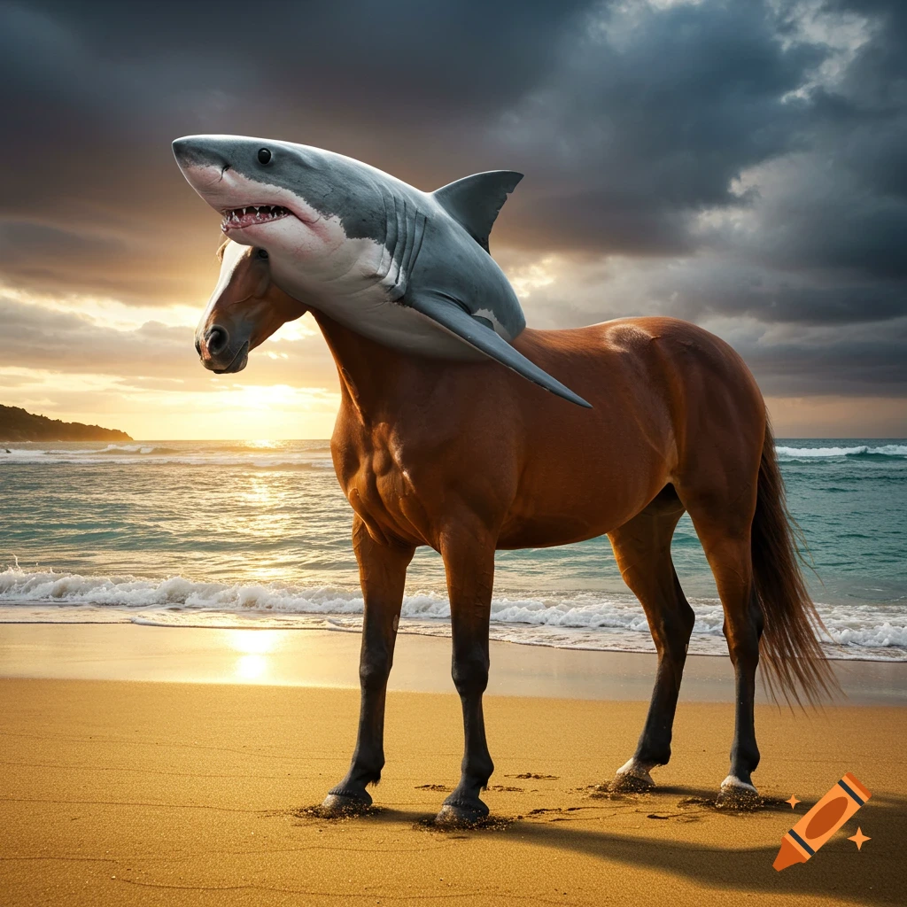 Photorealistic image of a horse with a shark's head standing on a beach at sunset.