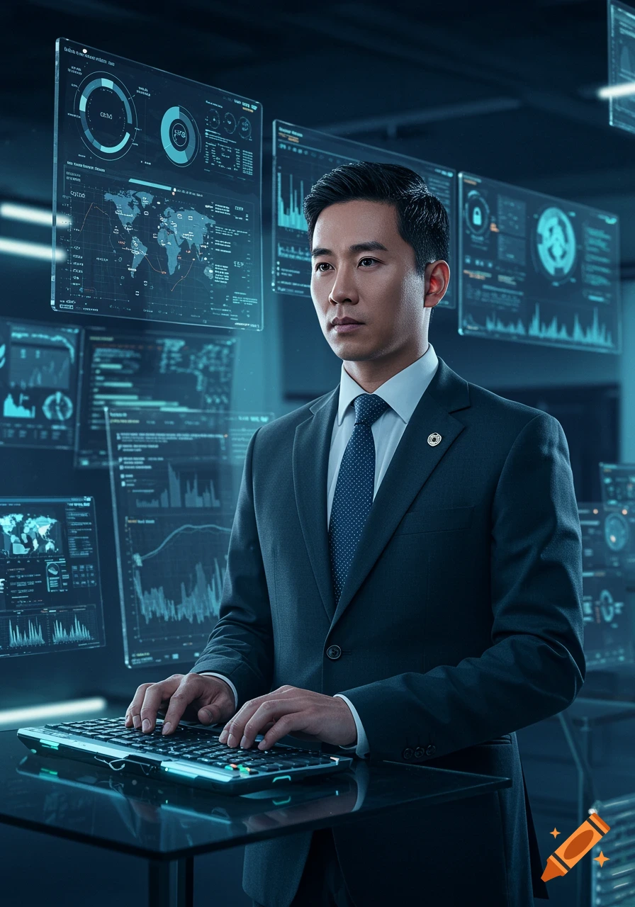 A man in a suit types on a glowing keyboard amidst multiple holographic data screens. Photorealistic style.