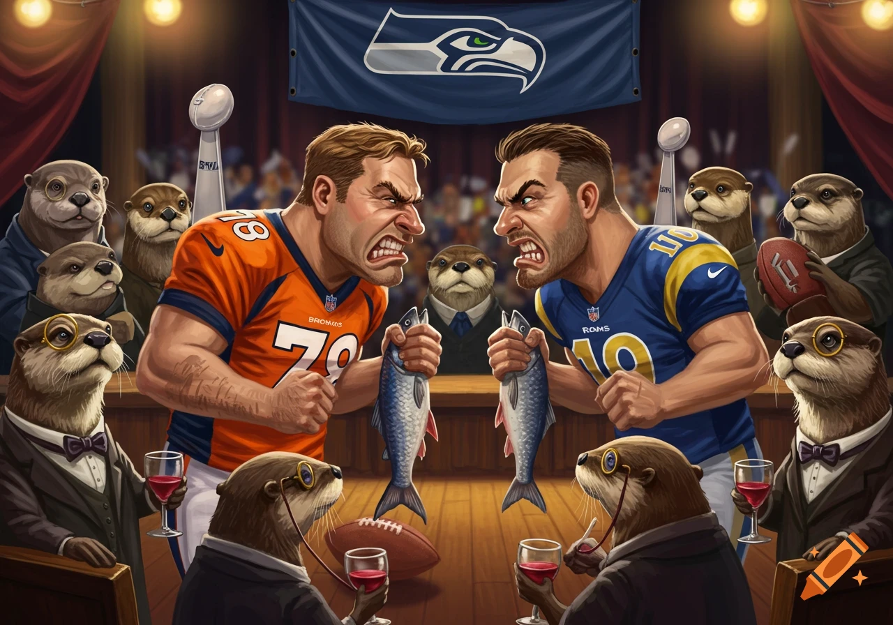 Two angry football players, one in a Broncos jersey and one in a Rams jersey, hold dead fish and glare at each other, watched by sophisticated otters in suits drinking wine, under a Seahawks banner.