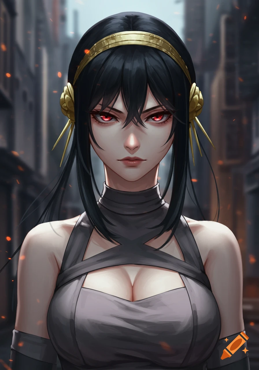 Close-up anime portrait of Yor Forger with black hair, red eyes, gold headband, and a gray dress in a city setting.