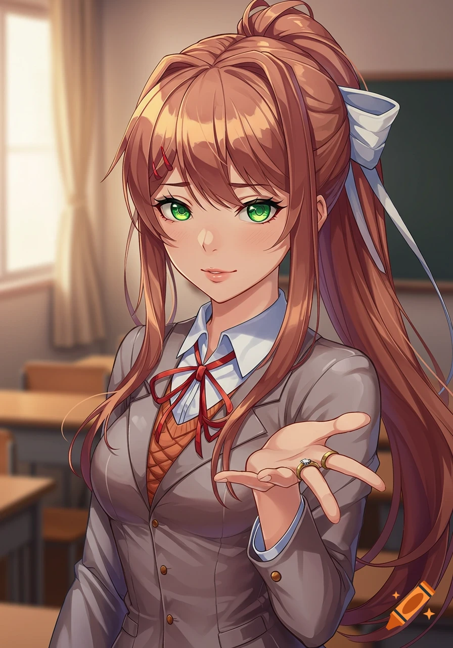 Anime girl Monika from DDLC in a school uniform, holding out her hand with two rings in a classroom.