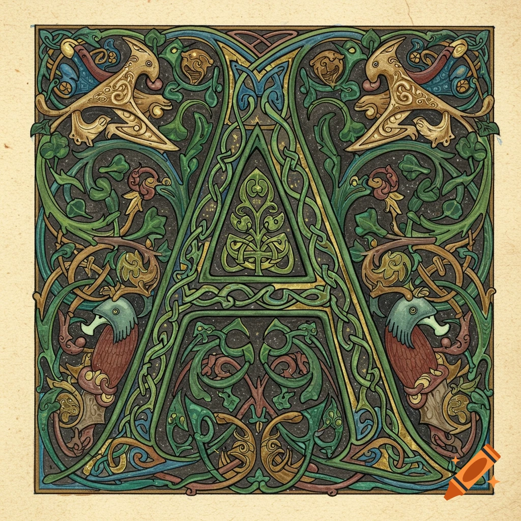 An intricate, colorful illuminated letter A in the style of the Book of Kells, featuring intertwined patterns, birds, and foliage on a dark background.