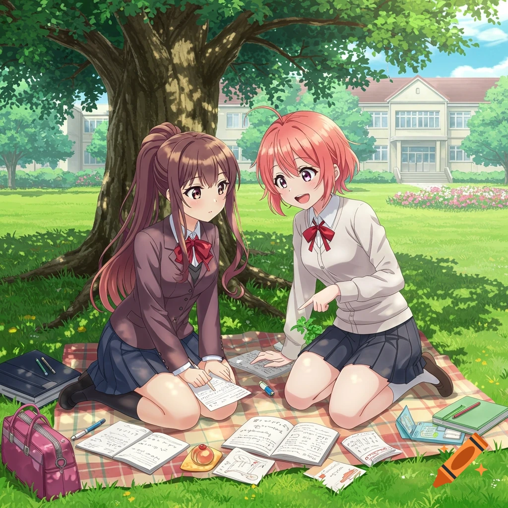 Two anime schoolgirls study on a blanket under a tree with a school building in the background.