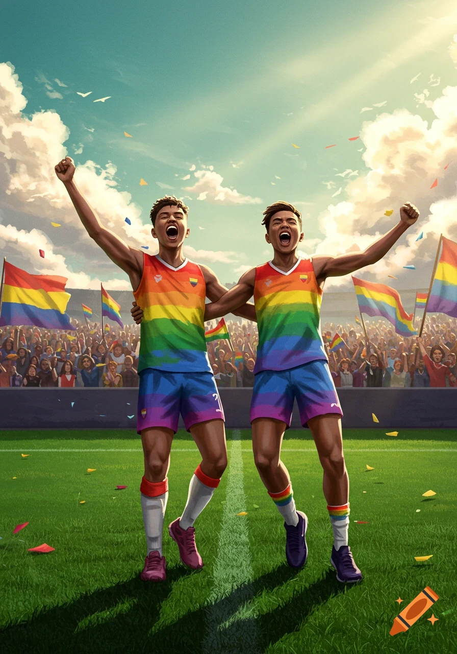 Two male soccer players in rainbow jerseys celebrate on a field in front of a cheering crowd and pride flags.