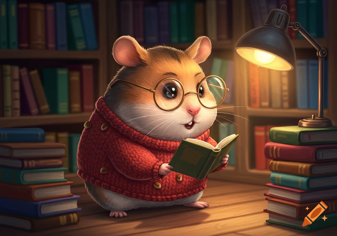 A cute cartoon hamster wearing glasses and a red sweater reads a book in a cozy library, surrounded by stacks of books.
