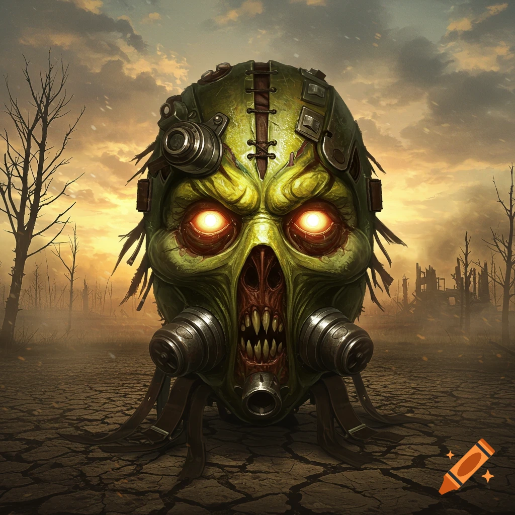 A creepy, glowing-eyed, green monster mask with mechanical parts in a desolate, cracked wasteland under a stormy sky.